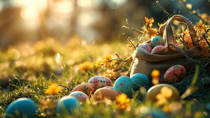 Poster - Easter Eggs in Bright Colorful Flowers and Grass
