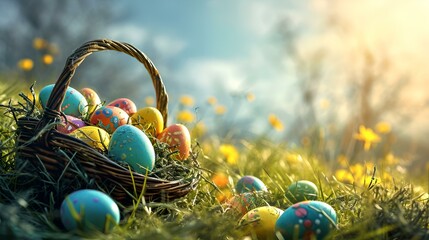 Poster - Easter Eggs in a Basket on Green Grass
