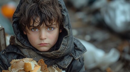 Poster - a poor little boy is sitting by the dustbin