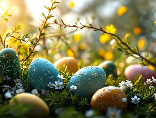 Poster - Colorful easter eggs in grass. Happy easter background.
