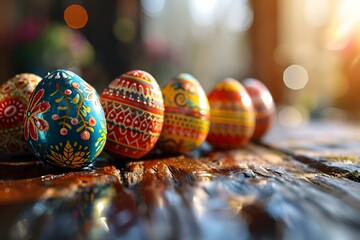 Poster - Colorful easter eggs on rustic wooden background, close up
