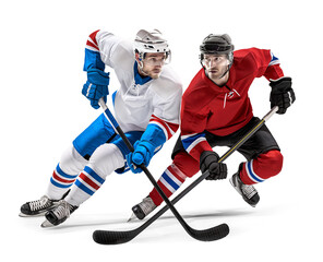 Wall Mural - Two ice hockey player in clash competition, isolated background