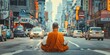 Buddhist monk witting in meditation in the middle of a busy city street filled with traffic