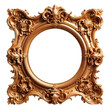 Decorated golden picture frame in baroque style for a round picture isolated on transparent background. AI generative