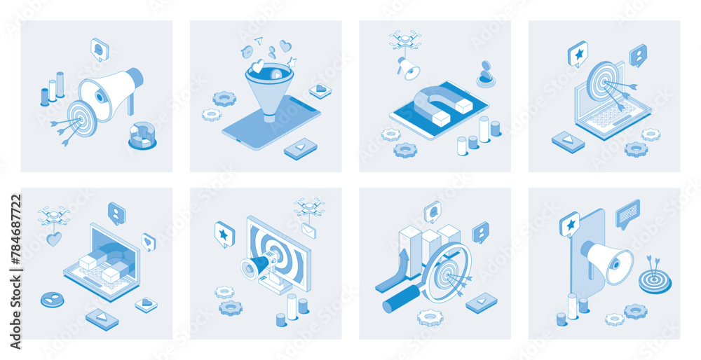 Digital marketing 3d isometric concept set with isometric icons design ...