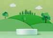 Paper background. Podium on green 3d hill background, cut platform for eco products in abstract mountains, organic display. Cute forest and clouds. Minimal style product showcase. Vector art