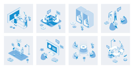 Poster - Coworking 3d isometric concept set with isometric icons design for web. Collection of employees workplace in open office, colleagues working together, business meeting community. Vector illustration
