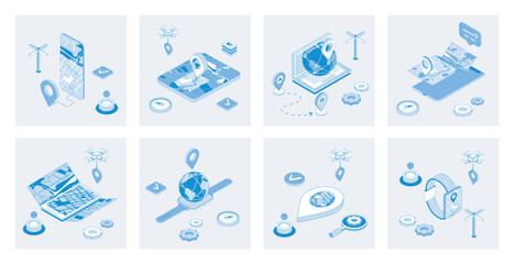 Leinwandbilder - GPS navigation 3d isometric concept set with isometric icons design for web. Collection of global positioning system, online tracking, traffic view and maps, gadget navigators. Vector illustration