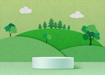 Poster - Paper background. Podium on green 3d hill background, cut platform for eco products in abstract mountains, organic display. Cute forest and clouds. Minimal style product showcase. Vector art