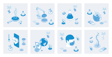 Leinwandbilder - Medicine 3d isometric concept set with isometric icons design for web. Collection of dna genetics researches, laboratory experiments, chemical tests, vaccination and healthcare. Vector illustration