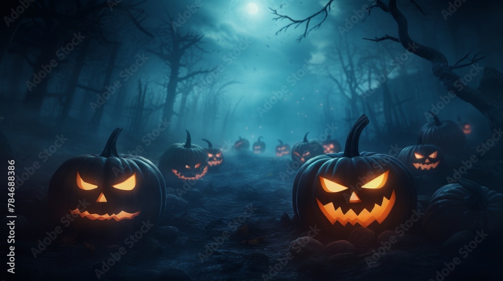 Creepy Halloween night with evil glowing pumpkins peering through dense