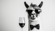 Black and white high-contrast portrait of a chic llama donning reflective aviator sunglasses, poised elegantly beside a glistening champagne bottle, minimalist white background.