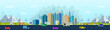 City buildings. Street landscape. Business offices. Skyline panorama. Car on road. Windmills and solar panels. Urban highway. Skyscrapers or village houses. Vector cityscape background