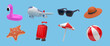 3D summer icons. Beach vacation. Travel by plane. Summertime holiday journey. Glasses and starfish. Inflatable ball and flamingo. Luggage suitcase. Sunbathing umbrella. Vector render set
