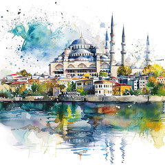 Wall Mural - Istanbul A painting of a city with a large blue dome on top of a building. The painting is of a city with a river running through it.