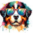 Cartoon Bernese Mountain Dog: Abstract Watercolor Painting with Colorful Details and Sunglasses, Perfect for T-shirt Prints or High-Quality Wall Art.