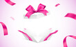 Exploded white gift box with pink ribbons. Surprise giftbox with empty space, vector illustration.