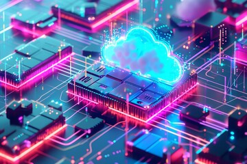 Poster - A cloud formation hovers over a complex computer circuit, creating an intriguing juxtaposition between nature and technology, A vibrant interpretation of data backup on cloud storage, AI Generated