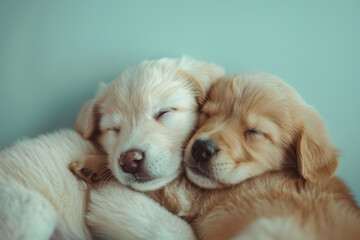 Wall Mural - Serene Golden Retriever Puppies Cuddling in Soft Light