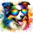 Cartoon Border Collie Dog: Abstract Watercolor Painting with Colorful Details and Sunglasses, Perfect for T-shirt Prints or High-Quality Wall Art.