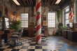 A photo of a barber shop featuring a checkered floor and a barber chair, creating a classic and professional ambiance, A vintage inspired hair salon complete with a barber pole, AI Generated