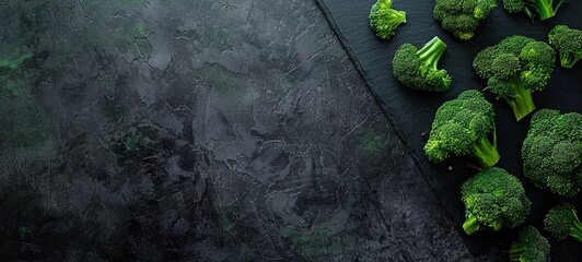 Wall Mural - Broccoli. Fresh green broccoli on a black stone table on a cutting board. View from above. space for copying. generative ai