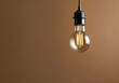 one burning light bulb on a brown background, copy space