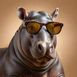 portrait of a hippopotamus in sunglasses, copy space