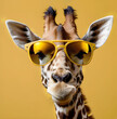 portrait of a giraffe in sunglasses, on a yellow background, copy space