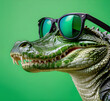 portrait of a crocodile in sunglasses on a green background