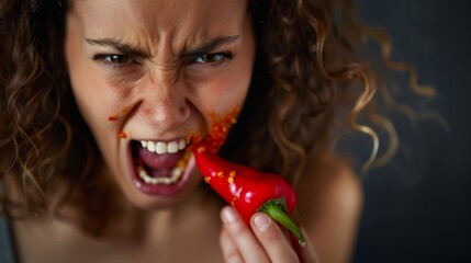 Wall Mural - Close-up portrait of a young woman eating a chilli pepper