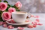 Fototapeta Tulipany - Elegant Roses and Tea Cup Still Life on Soft Background