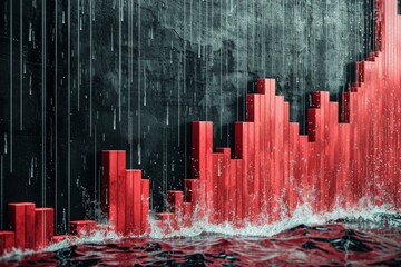 Poster - A photo of a red bar chart displayed on a black background, representing data with various-sized bars, A waterfall chart showing changes in equity values, AI Generated