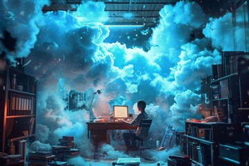 Poster - A person sitting at a desk in front of a computer, working amongst thick clouds of smoke, A whimsical, fantasy image of NAS and cloud storage interacting, AI Generated