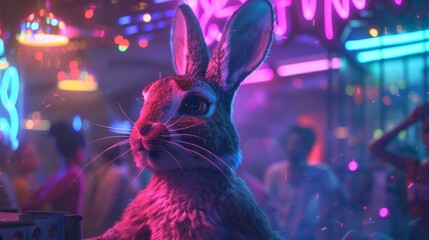 Wall Mural - of a charming rabbit grooving to the beat of its favorite tunes, surrounded by the captivating glow of neon lights in a dark room, a magical moment captured in exquisite detail by an HD camera