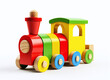 A colorful wooden train toy isolated on a white background