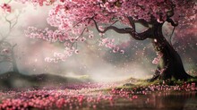 Old Japanese Tree With Pink Flowers.