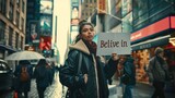 Fototapeta  - Confident woman walking down city street holding sign with words believe in