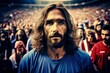 Homem  atual , semelhante a Jesus em meio a uma multidão em um estádio de futebol.