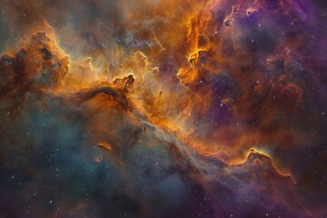 Wall Mural - This image displays a vibrant and lively space filled with numerous stars of various colors, A wispy nebula, highlighted with oranges, purples, and shades of blue, AI Generated