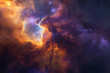 Canvas Print - A vibrant space brimming with stars and clouds, showcasing the beauty of the cosmos, A wispy nebula, highlighted with oranges, purples, and shades of blue, AI Generated