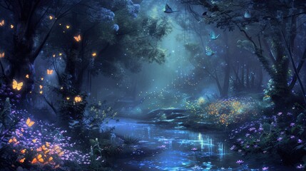 Wall Mural - An enchanted forest at night, with glowing flowers, a sparkling river, and mystical creatures lurking in the shadows. Resplendent.