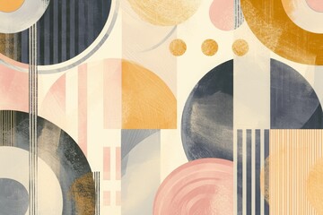 Poster - A wallpaper featuring an arrangement of circles and lines in a contemporary design, Abstract geometric patterns in soft neutral tones, AI Generated