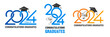 Design templates set for congratulations graduates class of 2024, overlays, logo or badges with black academic hat, numbers and congrats text for high school or college graduation. Vector illustration