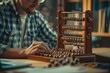 A man sits at a table, focused on the abacus in front of him, as he calculates and manipulates the beads with precision, Accountant using an abacus to account for finances, AI Generated