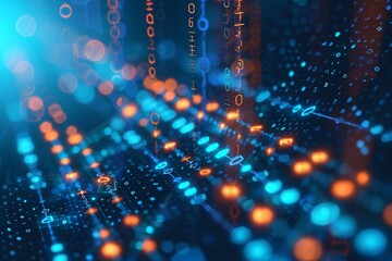 Poster - This photo captures a vibrant abstract background featuring blue and orange hues with an array of dots, Abstract representation of encryption technology, AI Generated