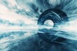 A massive tunnel stands tall in the middle of a body of water, creating an impressive sight, Abstract visual representation of futuristic climate change, AI Generated