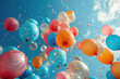 A joyful explosion of colorful balloons against a clear blue sky
