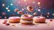 Delicious sweet pink donuts with colorful sprinkles and glaze on pink background. Flying donuts with confetti