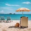 Tourist suitcase on the beach with sun loungers and umbrella